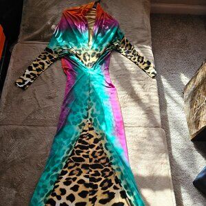 Multicolor Leopard Print Maxi Gown – Long Sleeve Gradient Bodycon Dress